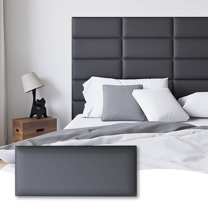 Leather Black Peel and Stick Headboard Queen Size, 12PCS Upholstered Wall Mounted Bed Panels, Tufted Headboard for Adjustable Bed and Bedroom Wall Decor, 10"x24" Each, Leather - Black