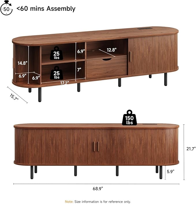 69" TV Stand with Power Outlet for TVs up to 80", Entertainment Center with Storage and Drawer, TV Console with Adjustable Shelves and Sliding Door, TV Stand for Living Room, Bedroom, Walnut