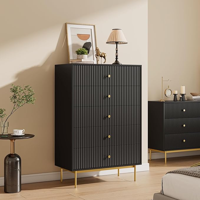 5 Drawer Dresser for Bedroom, Tall Dresser Chest of Drawers with Gold Handles, Wood Storage Cabinet for Bedroom, Black