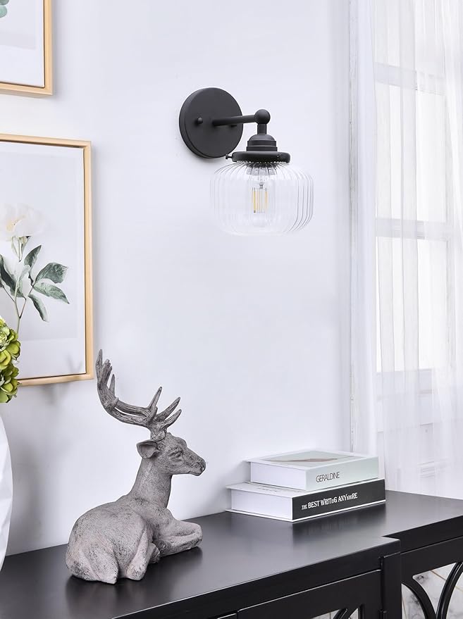 Yosoan 1-Light Indoor Modern Wall Sconce, Vanity Modern Single Vintage Industrial Wall Mount Fixture Lights with Clear Striped Glass Shade Lamp for Bathroom Kitchen Mirror Bedroom Dinning Room(Black)