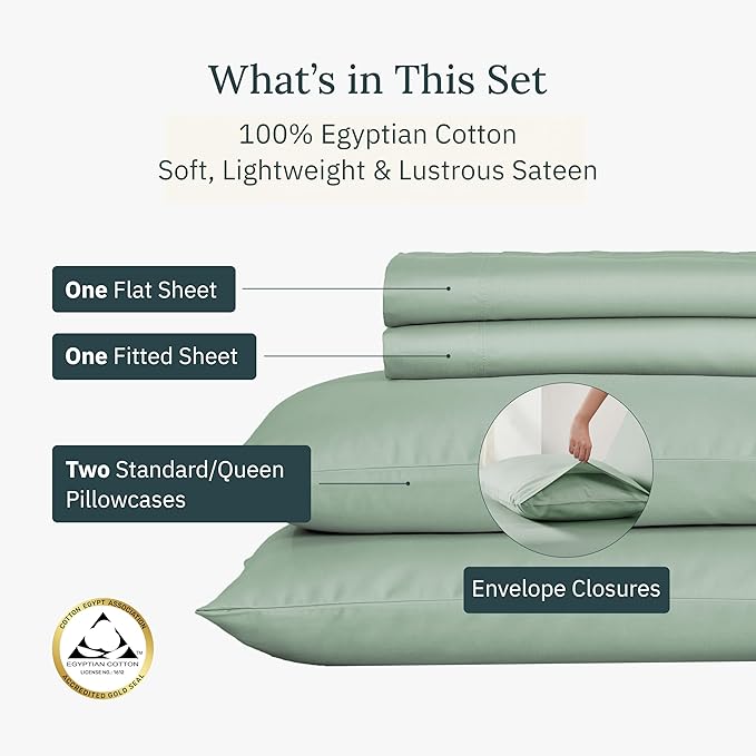 California Design Den Certified Luxury 100% Egyptian Cotton Sheets Queen Size Set - Deep Pocket Queen Sheets, Soft Sateen, Durable and Cooling Bedding Set for Hot Sleepers - Mint Green