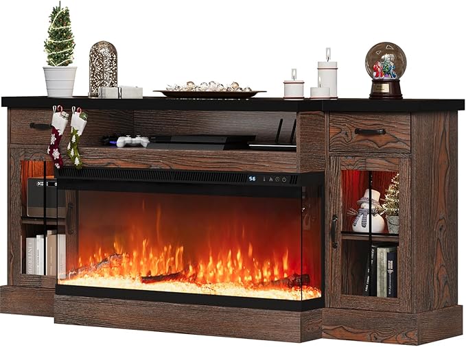 Electric Fireplace TV Stand with Fireplace, 70" Farmhouse Fireplace Entertainment Center with Storage Cabinets,TV Console for TVs Up to 80", TV Stands for Living Room,Brown