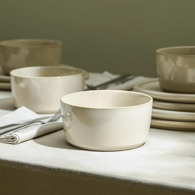 Stone Lain Eden 12-Piece Dinnerware Set Stoneware, Plates and Bowls Set, Dishwasher and Microwave Safe Dish, Dish Set for 4, Beige