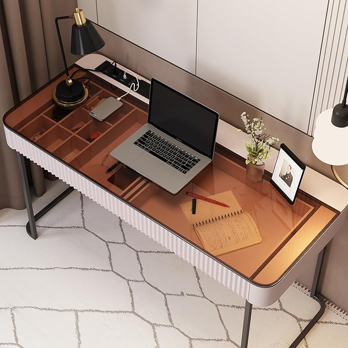 Lartis Home Office Desk Computer Desk Pale Pink Writing Desk - Makeup Vanity no Mirror Intelligent Socket with USB Port Compartmentalized Storage