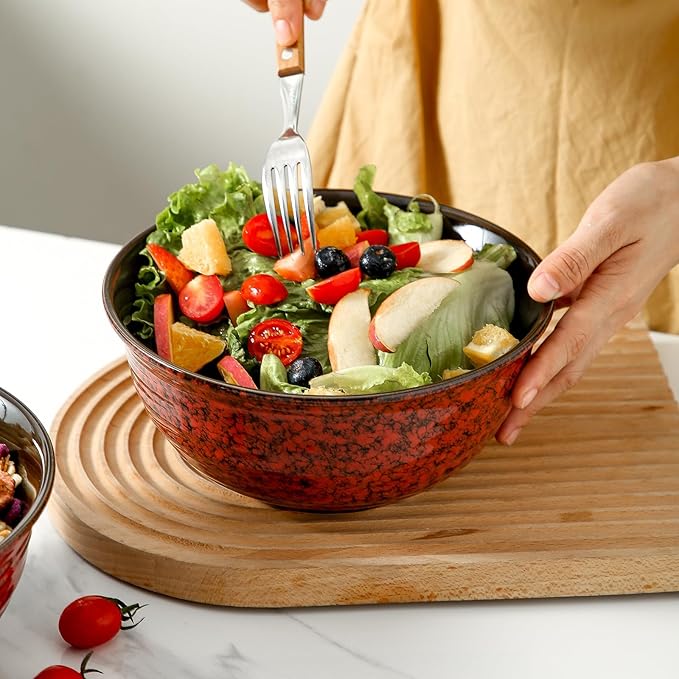 Hasense Ceramic Salad Bowl, 60 Ounces Large Serving Bowls, 8.5 Inch Soup Bowls Set of 2, Pasta Bowls for Ramen, Pho, Fruit, Housewarming, Wedding Gifts, Microwave Dishwasher Safe, Red