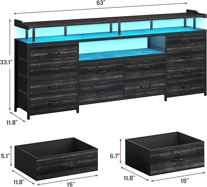 12 Drawers TV Stand Dresser for 65/70 inch TV, Entertainment Center with LED Lights & Power Outlets, 63" Large LED TV Stand, TV Console for Bedroom