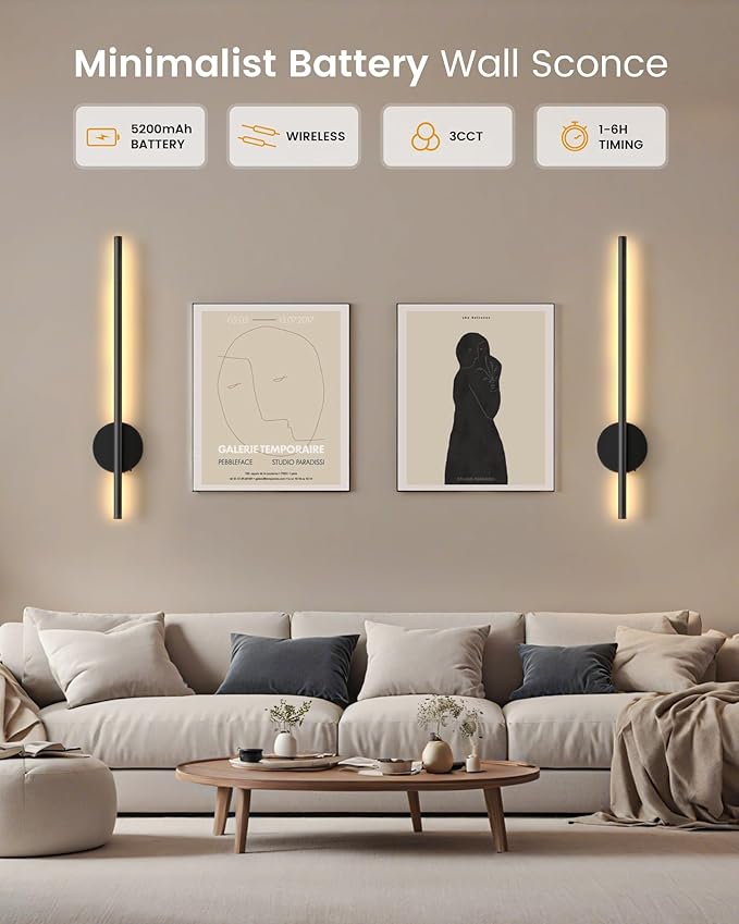 NIORSUN 27.6 Inch Battery Operated Wall Sconce Set of 2, Black Minimalism Rechargeable Wall Lights with Remote, 3CCT Dimmable Wireless Wall Lamp for Living Room Bedroom Hallway