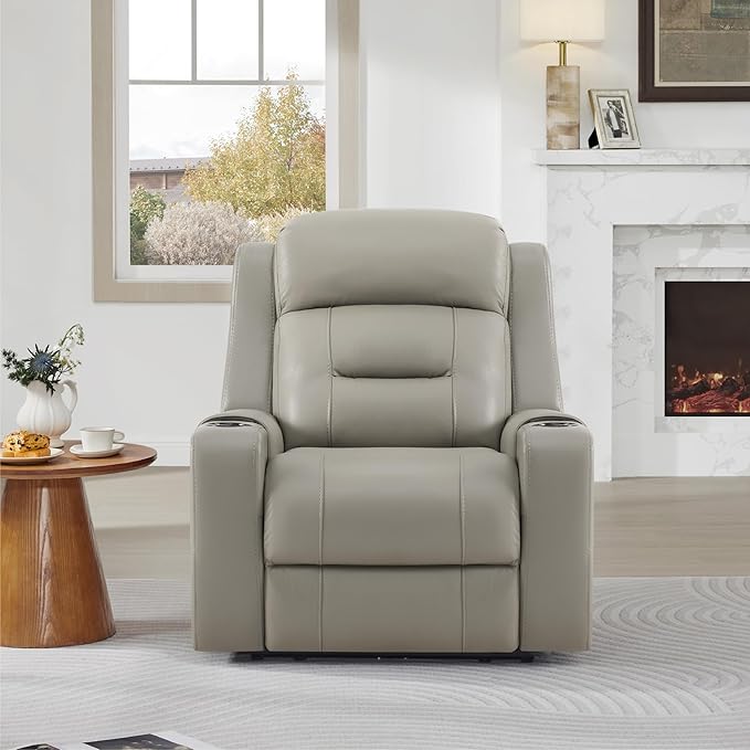 Watson & Whitely Genuine Leather Power Recliner Chairs for Adults, Lay Flat Recliner with Power Headrest, USB Ports and Cup Holders, Electric Reclining Sofa for Living Room, Bedroom, Grey
