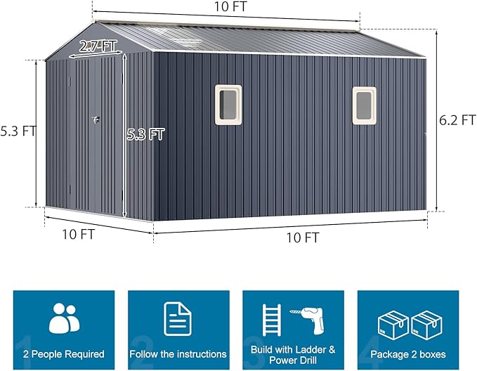 10x10 FT Metal Shed Large Waterproof Outdoor Tools Storage with Clear Roof Windows Air Vent Door for Outside Garden Patio Lawn Backyard to Store Bikes,Lawnmower,Garage,Dark Grey