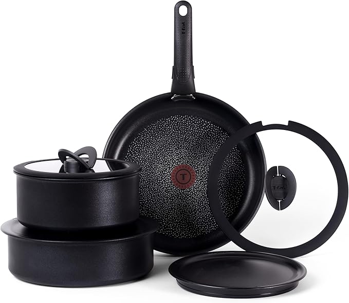 T-fal Ingenio Expertise Non Stick Cookware Set 8 Piece, Induction, Oven Broiler Safe 500F, Stackable Cookware, Pots and Pans, RV, Camping, Fry Pans, Dishwasher Safe, Detachable/Removable Handle Black