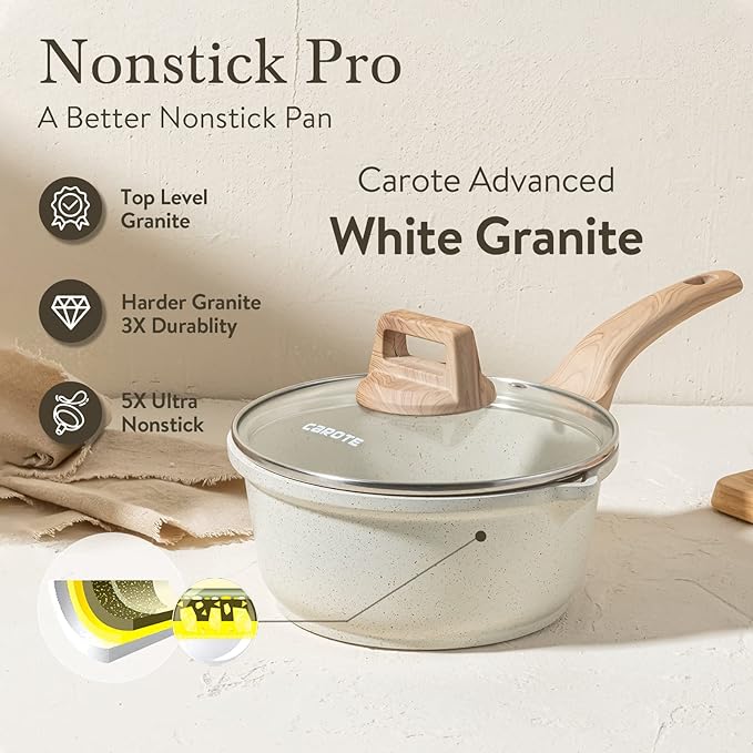 CAROTE 1.8Qt Sauce Pan Sets with Lid Cooking Pots Nonstick Saucepans Cookware Set with Pour Spout Small Kitchen Pot, Induction Comptable, Easy to Clean, PFOA FREE (White Granite)