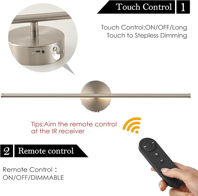 Battery Operated Wall Sconces with Remote Control, Dimmable Wall Sconces Set of Two, 350°Rotate, 3000K LED Nickel Wireless Wall Light for Living Room, Bedroom, Hallway, 32.2 Inch (2 Pack)