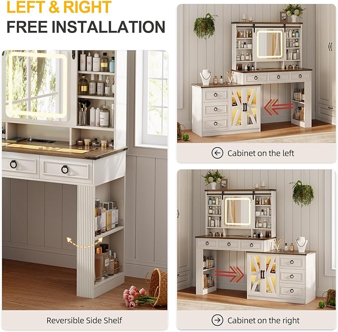 60" W Farmhouse Makeup Vanity Desk with Sliding Mirror and Lights, Charging Glass Top Large Vanity Table with Jewelry Storage,Vanity Set with 6 Drawers,10 Shelves,Side Storage Cabinet,White