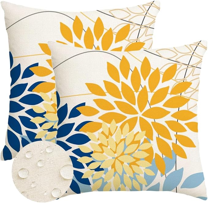 RABUSOFA Outdoor Pillow Covers 20x20 Inch Set of 2 Yellow Blue Flower Decorative Waterproof Spring Summer Floral Outdoor Cushion Covers for Patio Funiture Garden Couch Decor