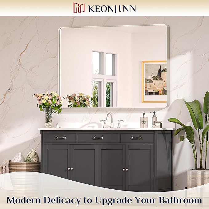 Keonjinn 48 x 36 Brushed Nickel Bathroom Vanity Mirror, Large Rounded Rectangle Bathroom Mirrors for over Sink, Metal Framed Silver Mirror for Wall, Shatterproof HD Tempered Glass(Horizontal/Vertical)