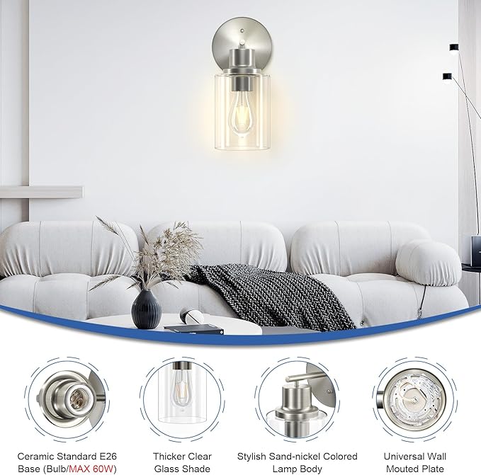 GORDNWE 1-Light Bathroom Wall Sconce, Brushed Nickel Vanity Light, Modern Wall Light Fixture with Clear Glass Shade and E26 Bulb Base, Wall Lamp Wall Mount Light Fixtures for Mirror, Bedroom, Hallway