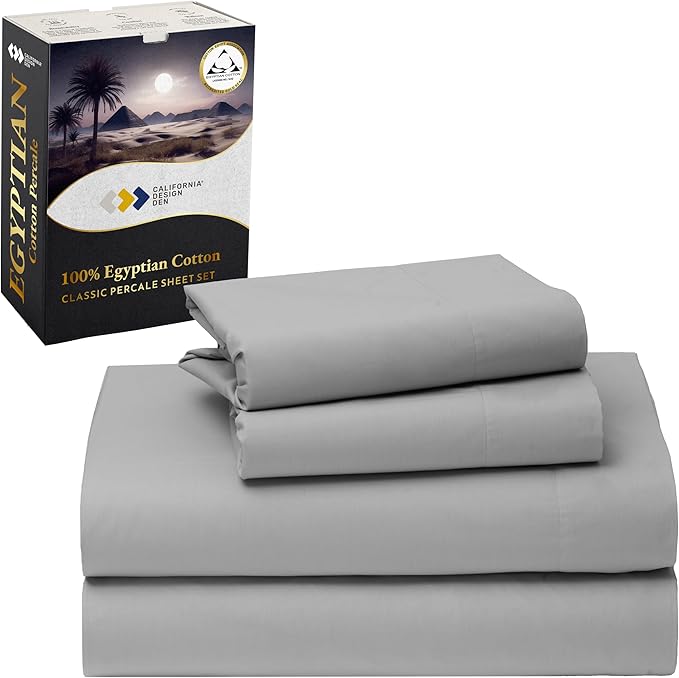 California Design Den Certified 100% Egyptian Cotton Sheets Queen Size Bed Set - Queen Sheet Set Percale with Deep Pockets, Cool, Crisp & Durable Luxury Bedding - Light Grey