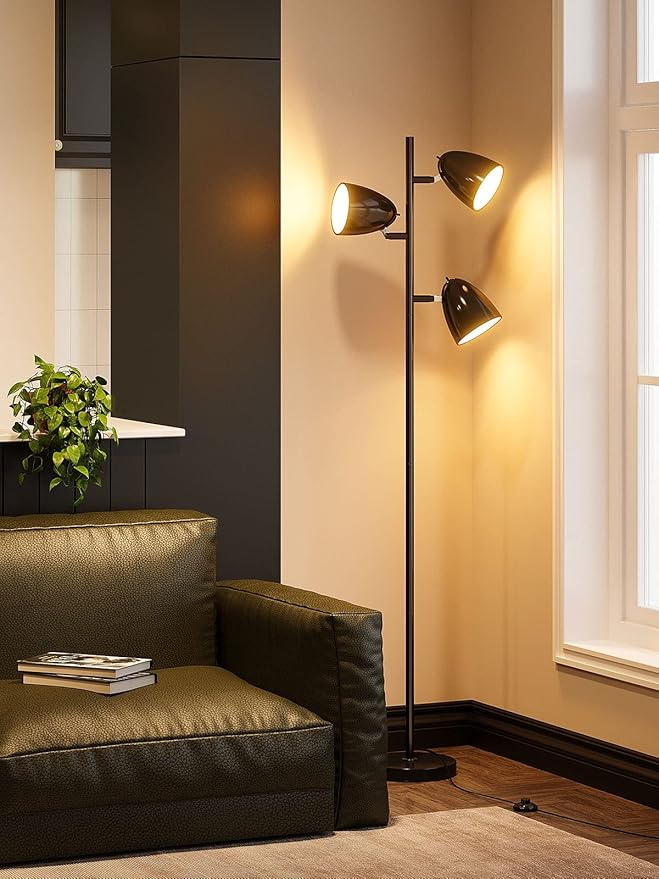 addlon Tree Floor Lamp with 3 Adjustable Rotating Lights and Matching LED Bulbs, Standing Tall Pole Lamps for Living Room, Bedroom, Home, Office - Black