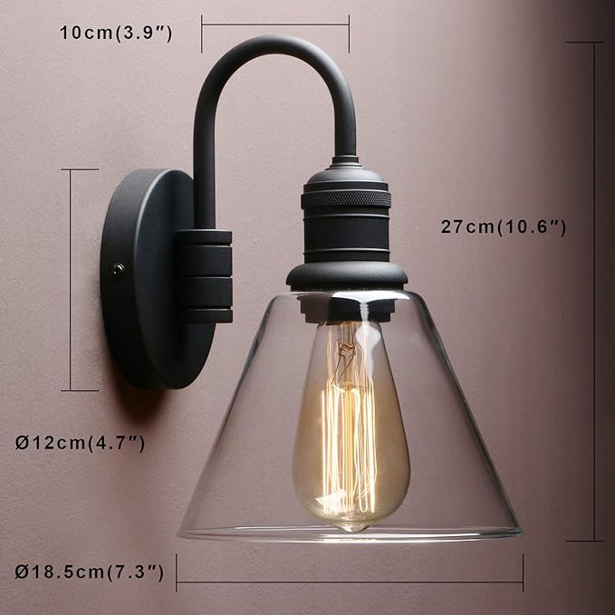 Yosoan 1-Light Vintage Industrial Fixture Light, Funnel Flared Clear Glass Shade with Elegant Gooseneck Curved Rod Wall Sconce for Bathroom Porch Kitchen Living Room Hotel Bar Foyer(Black)