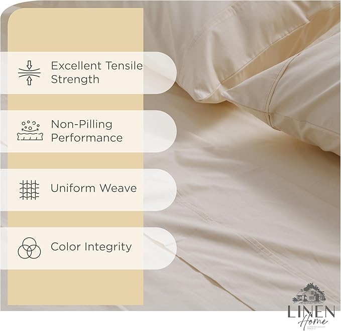 Linen Home 100% Cotton Percale Sheet Set Pack of 2, King Size, Ivory, Deep Pocket, 8 Pieces Set - 2 Flat, 2 Deep Pocket Fitted Sheet and 4 Pillowcases, Crisp Cool and Strong Bed Linen