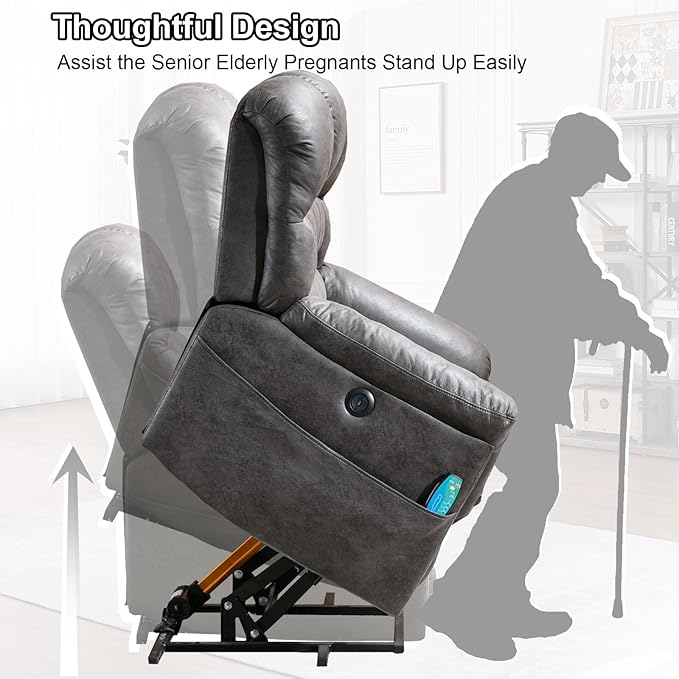 Bonzy Home Power Lift Chairs Recliner for Elderly, Electric Recliner Chair with Heat and Massage, 24" Wide Seat for Big People, Comfortable Backrest, Faux Leather, USB Charging Ports, Grey