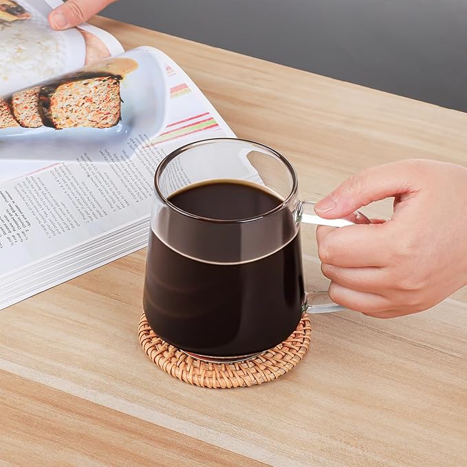 Aquach 16 Oz Glass Coffee Tea Cups, Clear Mugs with Handle, Microwave and Dishwasher safe Home Office Mug Perfect for Americano Latte Hot Beverages, 2-Pack