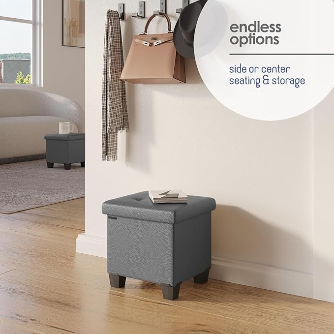 STORAGEBUD Storage Ottoman Cube with Small Bin, 16-in Square Ottoman with Storage for Living Room and Bedroom, Small Ottomans Foot Rest, Faux Leather Foot Stools Ottomans Max 330lbs, Grey