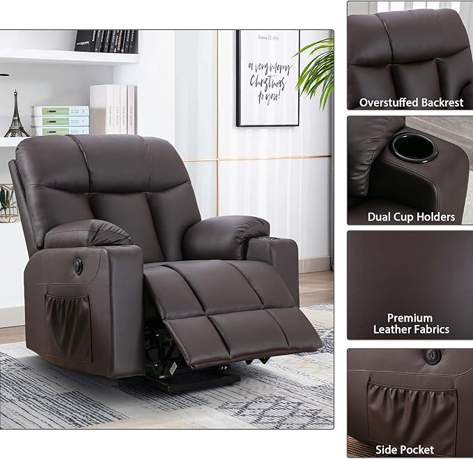 Bonzy Home Oversized Power Lift Recliner Chair for Elderly, Faux Leather Lift Chair with Heated and Massage, Extra Wide Single Sofa with 2 Cup Holders, Side Pockets, USB Port, Brown