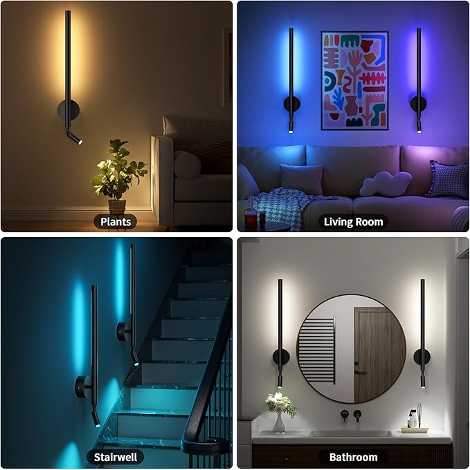 Battery Operated Wall Sconces with Reading Spotlight: RGB Rechargeable LED Wireless Wall Light with Remote Indoor Modern Decor for Living Room Bedroom Bathroom Lighting Black