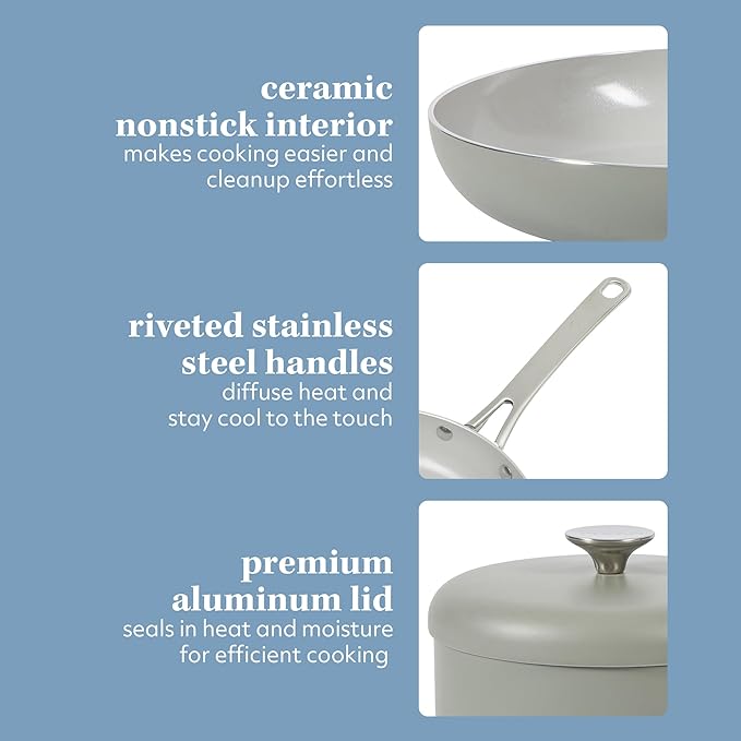 Sur La Table Kitchen Essentials Potluck Porch 10 Piece PFA Free Ceramic Non stick Interior Forged Aluminum Cookware Pots and Pans Set W/Aluminum Lids - Green - Induction Compatible