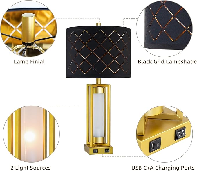 RORIANO Set of 2 Modern Table Lamps for Living Room Bedroom with USB C+A, Rustic Nightstand Lamps with White Night Light, Black Grid Shade, Desk Lamps for Bedside End Tables, 4 Bulbs Included (Gold)