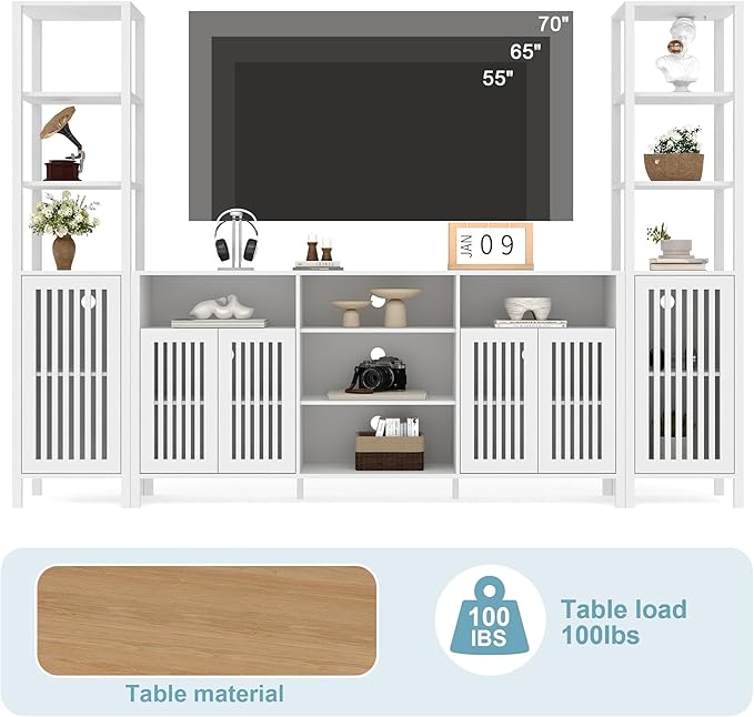 Entertainment Center with Bookshelves, Farmhouse TV Stand for 70 Inch TVs, TV Stands for Living Room w/Adjustable Shelves & Storage Cabinet, Modern Console Cabinet for Bedroom Home Theater