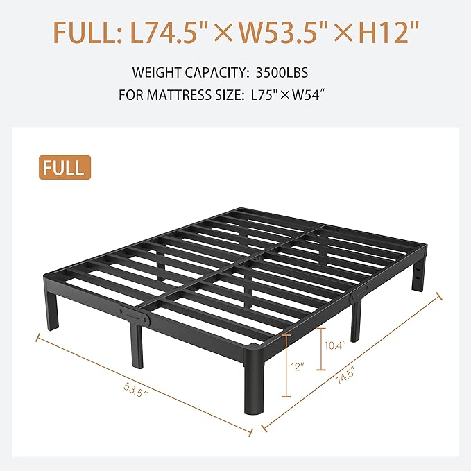 Full Size Bed Frame 12 Inch, Black Metal Full Bed Frame No Box Spring Needed, DIY Headboard Holes, Heavy Duty Steel Support 3500 LBS, Noiseless, Round Corner Legs, Storage Space, Easy Assembly