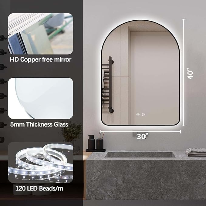 Niccy Arched LED Lighted Bathroom Mirror, 40x30 Inch Backlit Vanity Bathroom Mirror with Lights Brushed Black Framed Wall Mounted Mirrors with 3 Color Shatterproof Arch Smart Fog Free Mirror
