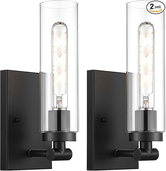 Emak Modern Black Wall Sconces Set of Two, Farmhouse Bathroom Sconce with Clear Glass Shade, 2 Light Bathroom Vanity Light for Living Room, Bedroom, Gallery, WS086-BK-CG-2PK