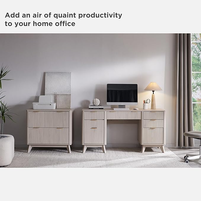 T4TREAM Modern Fluted Executive Desk with Drawers, 60" Home Office Computer Desk with Charging Station & Keyboard Tray, Alder White