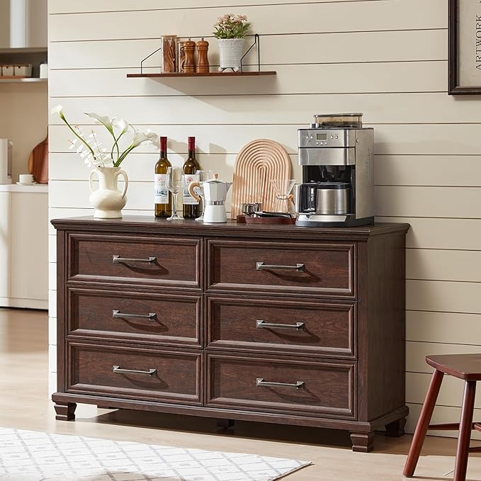 Farmhouse 6 Drawer Dresser for Bedroom, 54 inch Wide Large Vintage Chest of Drawers with Square Solid Wood Legs, Rustic TV Stand for Living Room, Wooden Storage Dressers for Hallway, Walnut