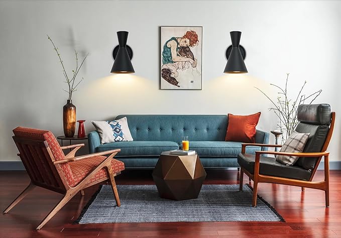 HEQIQEH Modern Battery Powered Adjustable Wall Sconces Light Set of 2 with Flared Funnel Metal Shade, 13 RGB Remote Control Dimmable Wall Mounted Lamp for Galleries, Hallway, Bedroom, Hotels