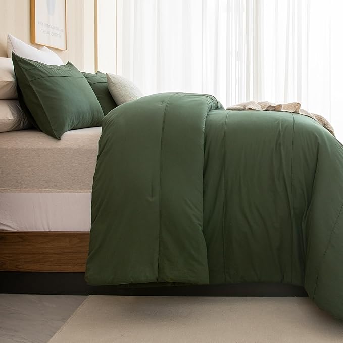 Sanracie Olive Green Oversized King Comforter 120 * 120, Cotton Dark Green Bedding Comforers Set Solid Color Pinch Pleat Pattern,3pcs(1 Aesthetic Comforter and 2 Pillowcases) Oversized King Bedding
