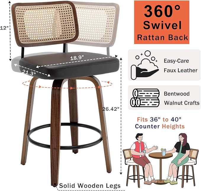 Swivel Counter Height Stools - 26 inch Counter Stools Set of 2 with Curved Rattan Back, Walnut Craftsmanship, Upholstered Seat, Counter Height Bar Stool for Island/Pub/Kitchen (26" Seat Height, Brown)