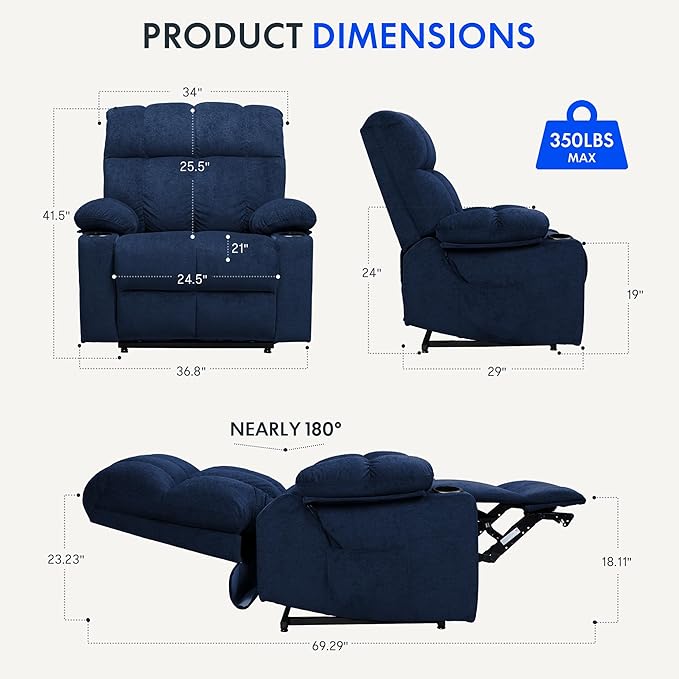 FLEXISPOT XL5 Dual OKIN Motor Power Lift Recliner Chair for Elderly, Lay Flat Electric Recliner with Massage & Heat, USB Ports, Fabric Reclining Sofa for Living Room Bedroom, Blue