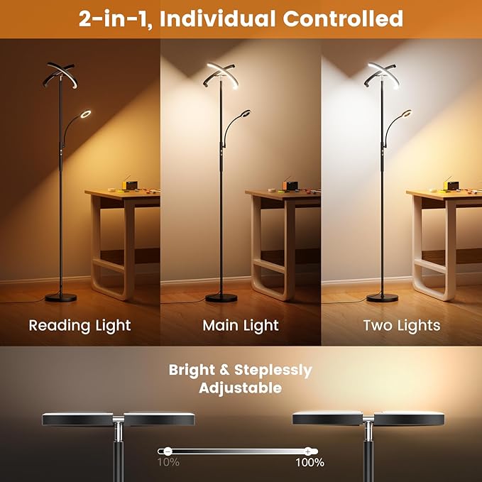 Upgraded 2-in-1 LED Floor Lamp - Dimmable Mother-Daughter Standing Lamp with Remote&Touch Control, 29W Bright Floor Reading Light, Black Modern Standing Light for Living Room Bedroom Office
