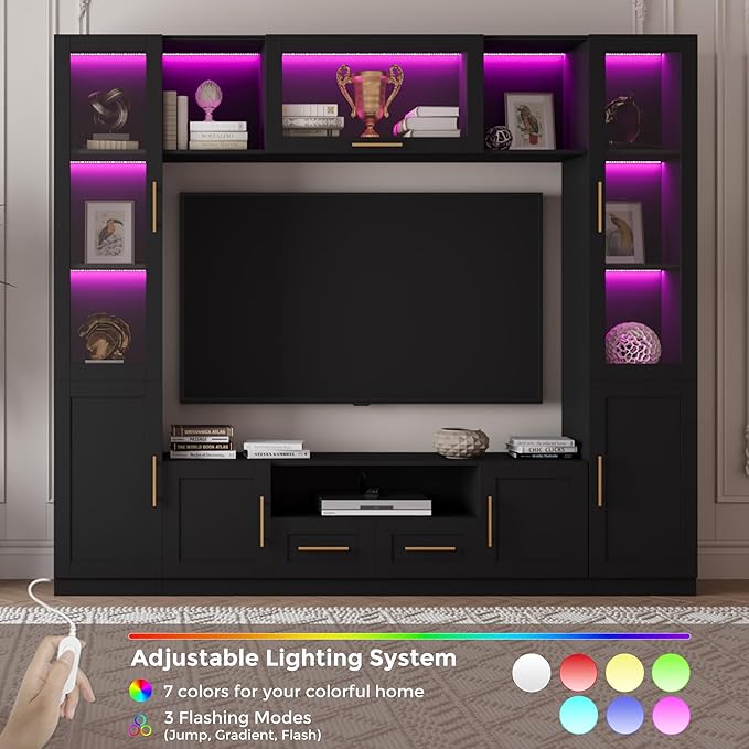 94" Wall Unit Entertainment Center for TVs up to 70", Modern TV Console with LED Lights, Multifunctional TV Stand with Tempered Glass Door, Drawers & Shelves for Living Room, Black