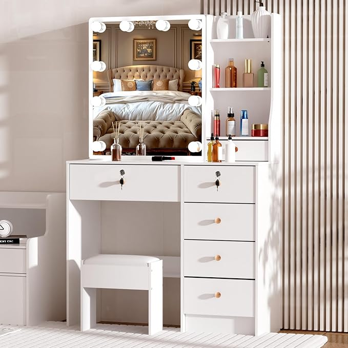 Vanity Desk with Mirror and Lights, Makeup Vanity Table with 3 Lighting Modes and Brightness Adjustable, Girls Makeup Desk with Stool and 6 Drawers for Bedroom, White