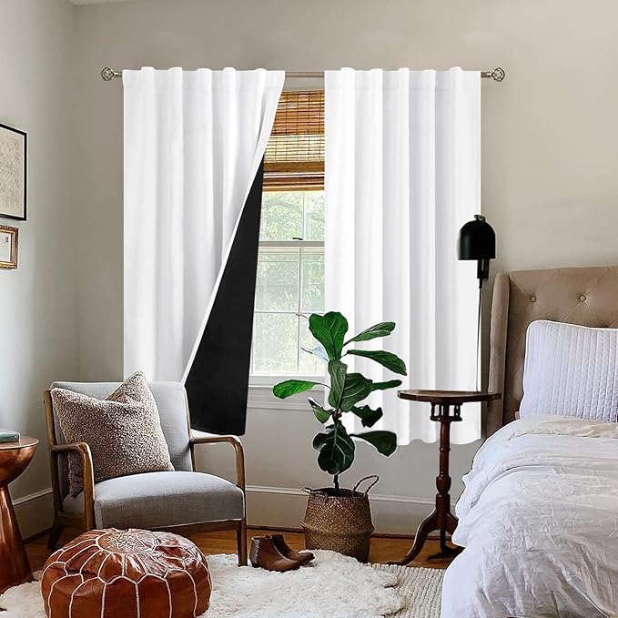 BGment Pure White 100% Blackout Curtains 63 Inches Long with Thermal Insulated Liner, Rod Pocket and Back Tab Double Layer Full Room Darkening Window Curtain for Bedroom, 2 Panels, Each 42 x 63 Inch