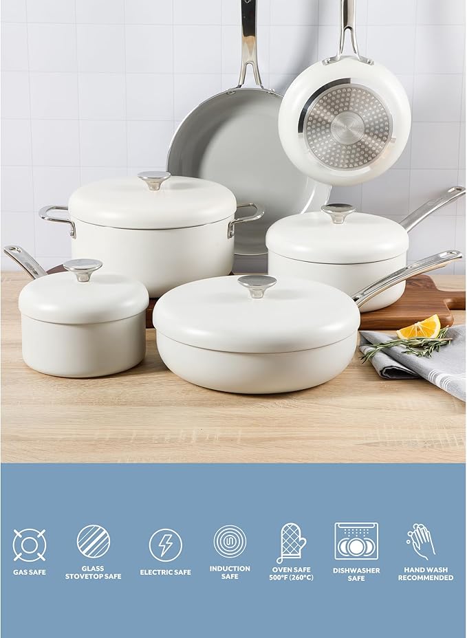 Sur La Table Kitchen Essentials Potluck Porch 10 Piece PFA Free Ceramic Non stick Interior Forged Aluminum Cookware Pots and Pans Set W/Aluminum Lids - Linen White - Induction Compatible