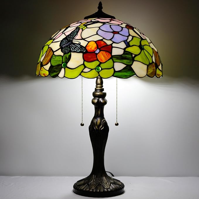 Tiffany Table Lamp Stained Glass Lamp 16X16X24 Inch Antique Reading Light (Butterfly Flowers)