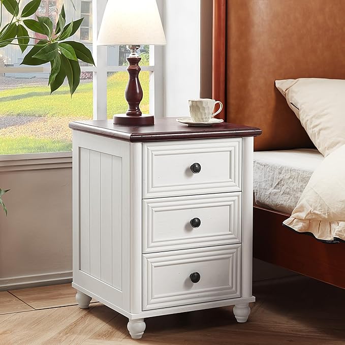18" Farmhouse Night Stand Set of 2, White Wood Nightstand with 3 Drawers, Bedside End Table with Storage and Roman Column, Bed Side Tables Cabinet for Bedroom, Living Room, and Closet