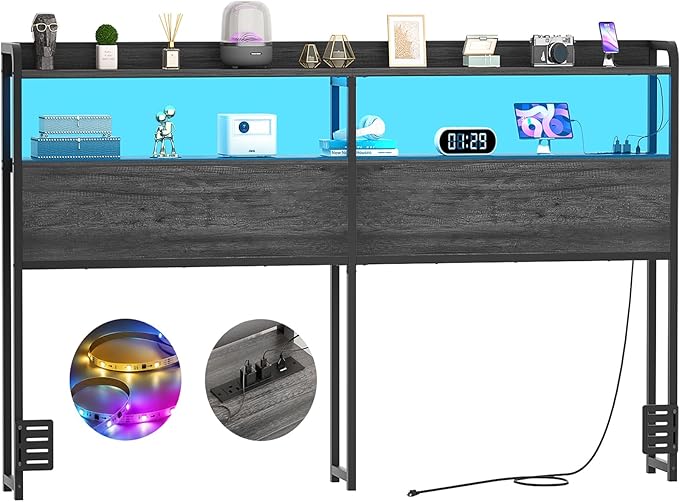 Aheaplus Headboard for King Size Bed Frame, Headboards with Outlets, USB Ports and LED Light, Head Board with Storage, Height Adjustable, Sturdy and Stable Headboard, King Size, Black Oak