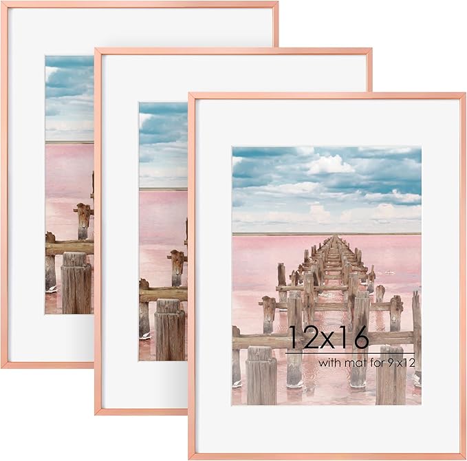 12x16 Metal Picture Frame For Wall With Mat For 9x12, 12''x16'' Aluminum Certificate Document Frames With Tempered Glass, Minimalist Poster Frame Horizontally Vertically Set of 3, Rose Gold